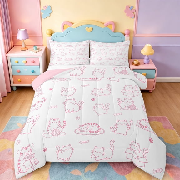 jejeloiu Mixed Pink Cat Cute Queen Comforter Set Kids,Girly Kitten Pattern Bedding Comforter Set,Reversible,3 Pieces