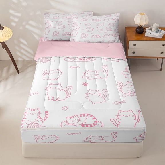 jejeloiu Mixed Pink Cat Cute Zipper Twin Comforter Sets with Fitted Sheet and 2 Pillowcases Kids,Girly Kitten Pattern Zipper Bedding Set,Reversible,4 Pieces