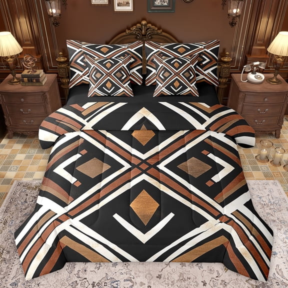 jejeloiu Modern Abstract Art 7-Piece Twin Bedding Sets,Geometric Rhombus Triangle Bedding Comforter Set,Black Brown Beige Sheet Sets For Girls Boys,Luxury Bedroom Decor Reversible