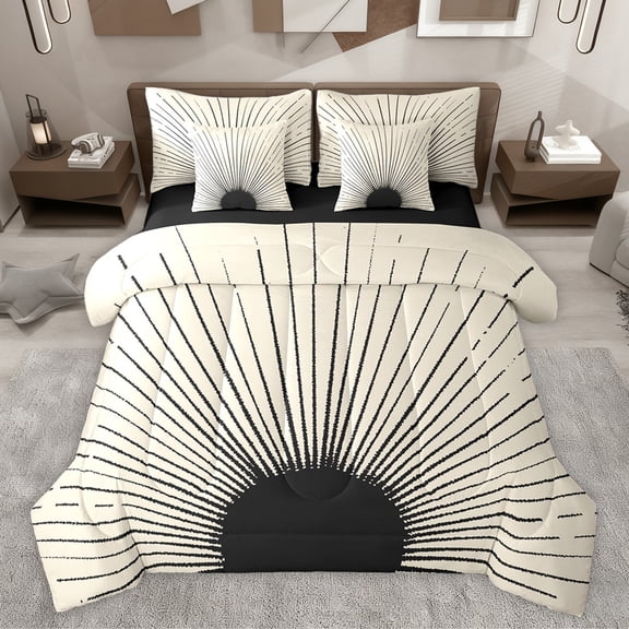 jejeloiu Modern Abstract Art 7-Piece Twin Bedding Sets,Geometric Stripes Lines Bedding Comforter Set,Black Circle Pattern Sheet Sets For Kids,Microfiber Bedroom Decor Reversible