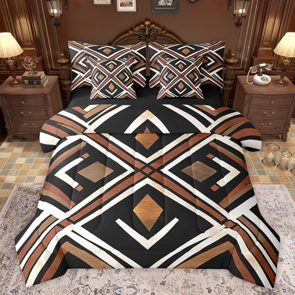 jejeloiu Modern Abstract Art 7 Pieces Bedding Comforter Set,Geometric Rhombus Triangle Full Bedding Set,Black Brown Beige Fitted Sheet Flat Sheet For Girls Boys,Luxury Bedroom Decor Reversible