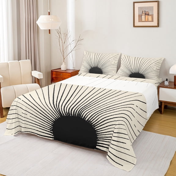 jejeloiu Modern Abstract Art Bed Sheets,Geometric Stripes Lines King Sheets,Black Circle Pattern Sheet Set For Kids,Microfiber Bedroom Decor,4-Piece