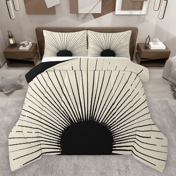 jejeloiu Modern Abstract Art Bedding Comforter Set,Geometric Stripes Lines Twin Comforter Sets,Black Circle Pattern Bedding Set For Kids,Microfiber Bedroom Decor Reversible,2-Piece
