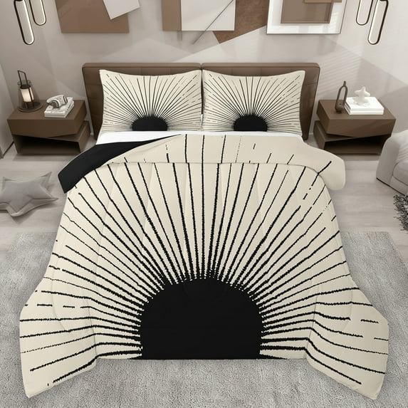 jejeloiu Modern Abstract Art Full Size Comforter Sets,Geometric Stripes Lines Bedding Comforter Set,Black Circle Pattern Bedding Sets For Kids,Microfiber Bedroom Decor Reversible,3 Pieces