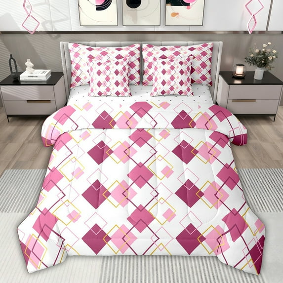 jejeloiu Modern Abstract Geometric 7-Piece Bedding Comforter Set,Pink Rhombus Print King Bedding Sets For Men Women Reversible