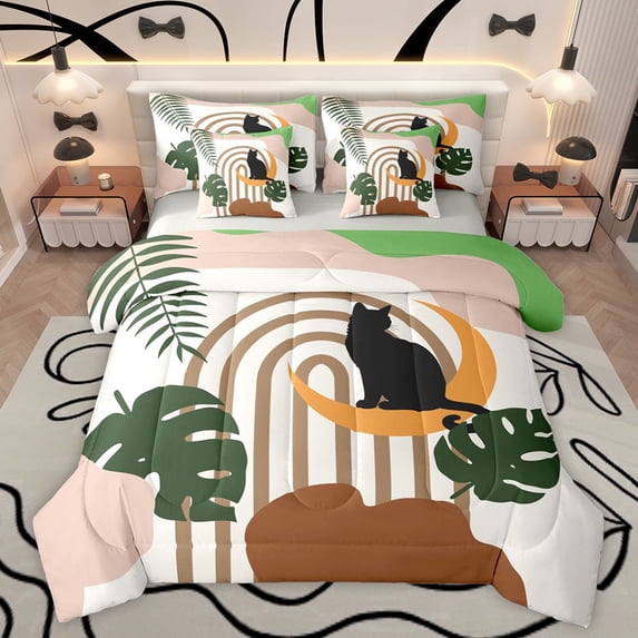 jejeloiu Modern Abstract Geometric 7-Piece Twin Bedding Sets,Cute Black Cat Bedding Comforter Set,Tropical Botanical Monstera Leaf Sheet Sets For Girls Boys,Breathable Home Decor Reversible