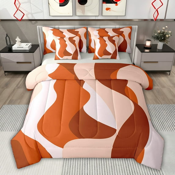 jejeloiu Modern Abstract Geometric 7-Piece Twin Bedding Sets,Red Orange Stripe Bedding Comforter Set For Girls Boys Reversible