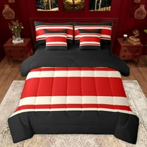 jejeloiu Modern Abstract Geometric 7-Piece Twin Bedding Sets,Retro Stripe Print Bedding Comforter Set,Red Beige Black Sheet Sets For Men Women,Ultra Soft Home Decor Reversible
