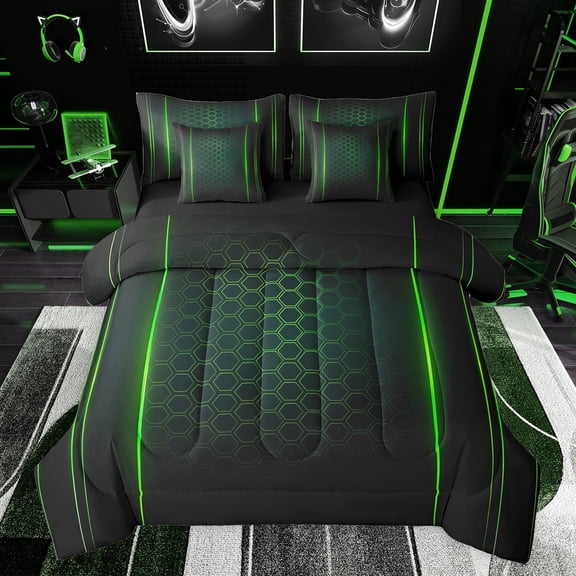 jejeloiu Modern Abstract Geometric 7 Pieces Bedding Comforter Set,Neon Honeycomb Pattern Full Bedding Set,Green Hexagon Striped Fitted Sheet Flat Sheet For Boys,Microfiber Bedroom Decor Reversible