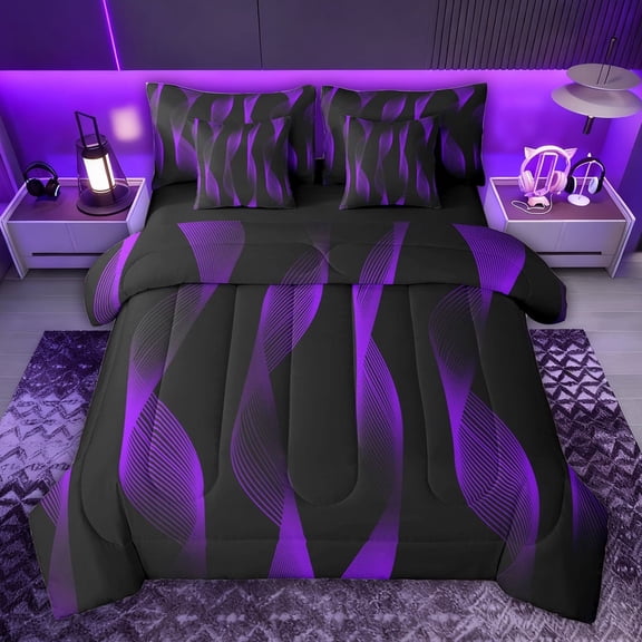 jejeloiu Modern Abstract Geometric 7 Pieces Bedding Comforter Set,Purple Black Stripe Full Bedding Set For Girls Boys Reversible