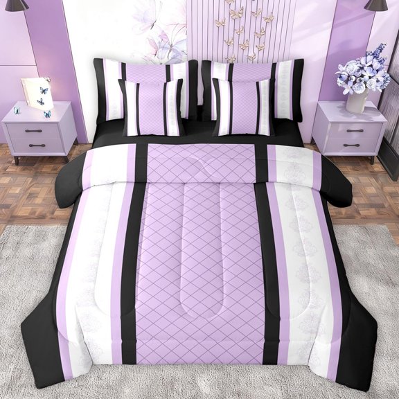 jejeloiu Modern Abstract Geometric 7 Pieces Bedding Comforter Set,Retro Victorian Floral Full Bedding Set,Purple Ruombus Stripe Fitted Sheet Flat Sheet For Men Women,Ultra Soft Home Decor Reversible