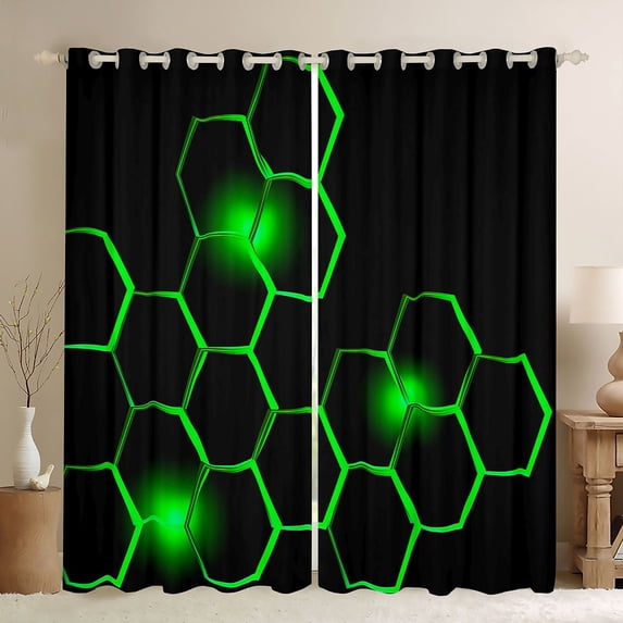 jejeloiu Modern Abstract Geometric Curtains Pack of 2 (42x84 Each),Neon Honeycomb Hexagon Curtains Blackout,Green Black Bedroom Curtains For Boys Kids,Microfiber Bedroom Decor