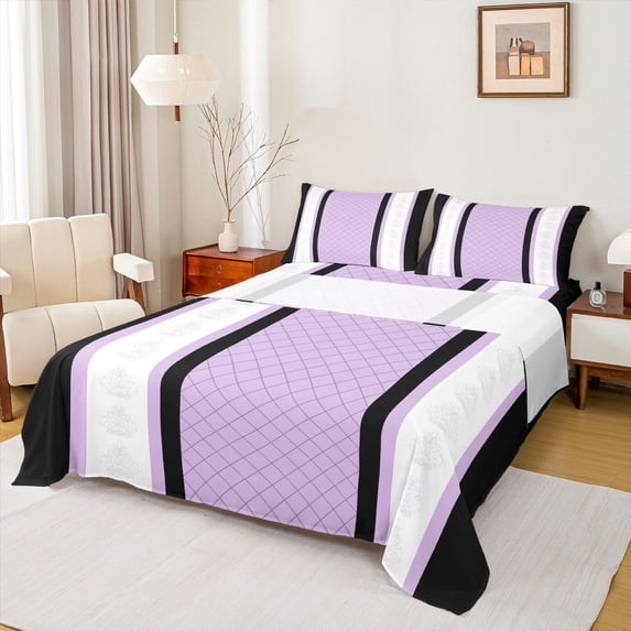 jejeloiu Modern Abstract Geometric Full Size Sheets,Retro Victorian Floral Bed Sheets,Purple Ruombus Stripe Sheet Sets For Men Women,Ultra Soft Home Decor,4pcs