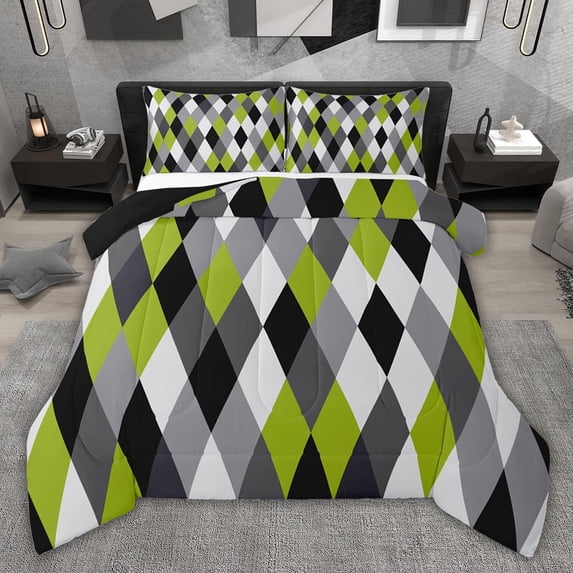 jejeloiu Modern Abstract Geometric Queen Comforter Set,Green Gray Rhombus Bedding Comforter Set For Men Women Reversible 3pcs