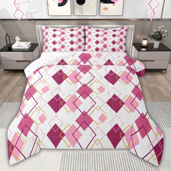 jejeloiu Modern Abstract Geometric Queen Comforter Set,Pink Rhombus Print Bedding Comforter Set For Men Women Reversible 3-Piece