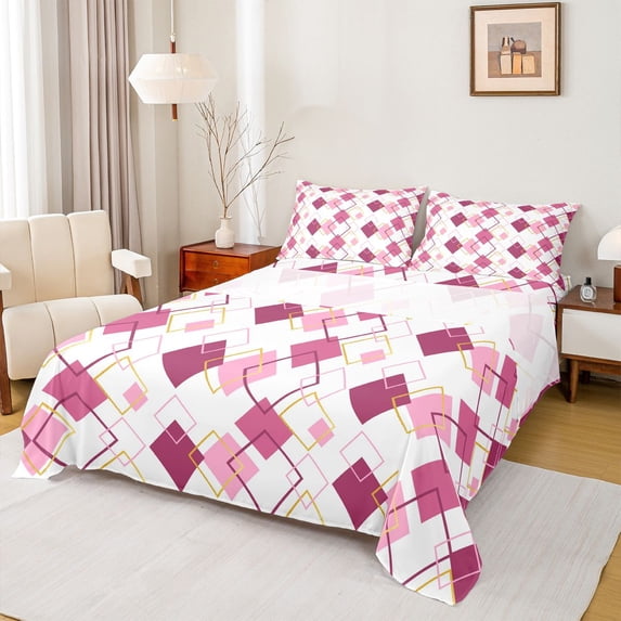 jejeloiu Modern Abstract Geometric Twin Sheet Sets,Pink Rhombus Print Bedding For Men Women 3 Pieces