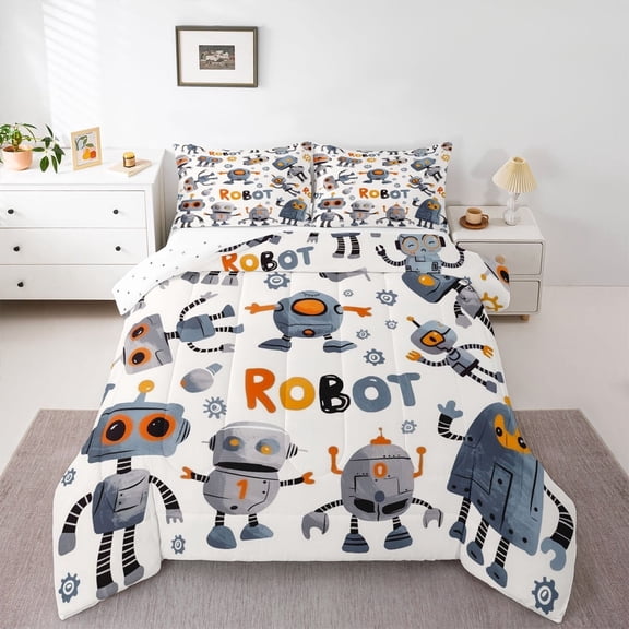 jejeloiu Modern Abstract Machine Full Size Comforter Sets,Cartoon Super Robot Bedding Comforter Set,White Gray Bedding Sets For Childrens,Super Cozy Room Decor Reversible,3 Pieces