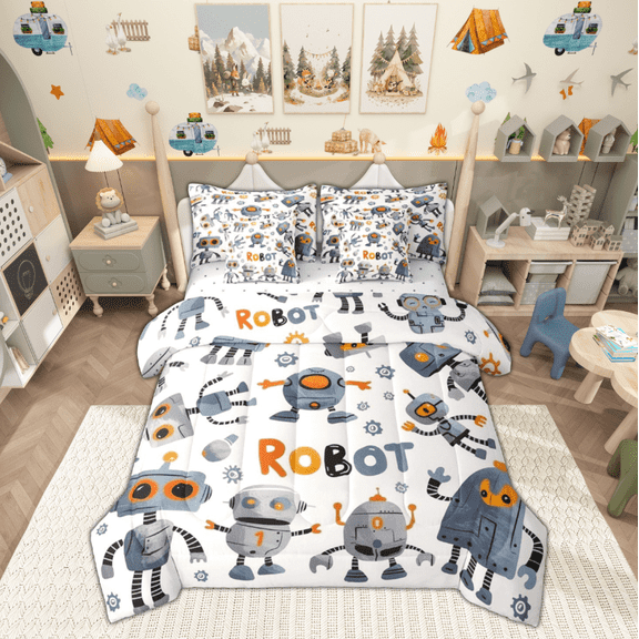 jejeloiu Modern Abstract Machine Twin Bedding Sets 7-Piece,Cartoon Super Robot Bedding Comforter Set,White Gray Sheet Sets For Childrens,Super Cozy Room Decor Reversible