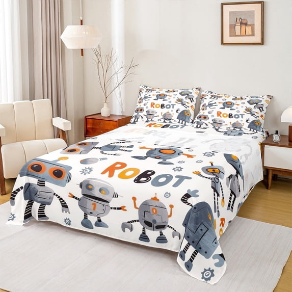 jejeloiu Modern Abstract Machine Twin Sheet Sets,Cartoon Super Robot Twin Fitted Sheet,White Gray Flat Sheet For Childrens,Super Cozy Room Decor,3-Piece