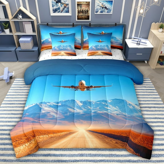 jejeloiu Modern Aircraft Airplane 7-Piece Twin Bedding Sets,Nature Landscape Mountain Bedding Comforter Set For Men Women Reversible