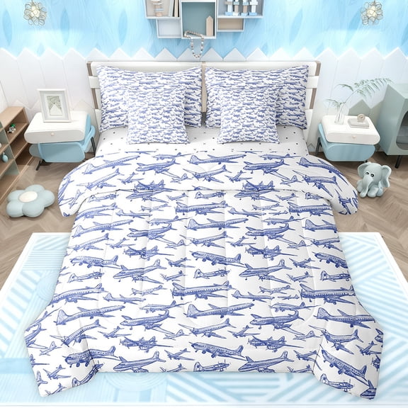 jejeloiu Modern Airplane 7pcs Bedding Comforter Set,Sketch Art Queen Bedding Sets,Blue Aircraft Theme Queen Sheet Sets For Boys Teens,Microfiber Bedroom Decor Reversible
