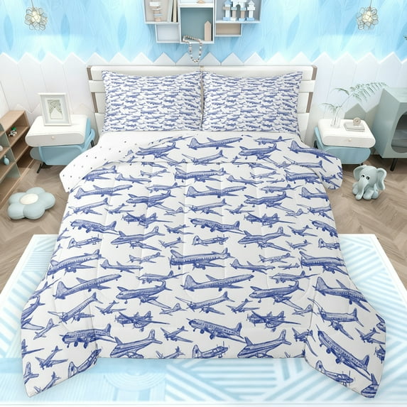 jejeloiu Modern Airplane Queen Comforter Set,Sketch Art Bedding Sets,Blue Aircraft Theme Bedding Comforter Set For Boys Teens,Microfiber Bedroom Decor Reversible,3pcs