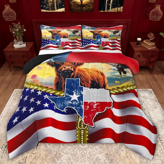 jejeloiu Modern American Flag Queen Comforter Set,Brown Highland Cattle Bedding Comforter Set Reversible 3 Pieces