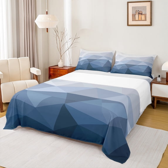 jejeloiu Modern Asbtract Geometric Full Size Sheets,Minimalsit Style Bed Sheets,White Blue Ombre Sheet Sets For Girls Boys,Microfiber Bedroom Decor,4 Pieces