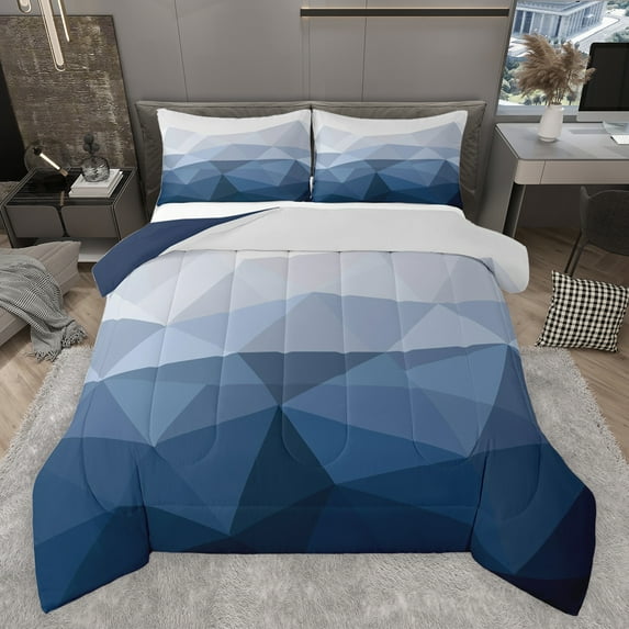 jejeloiu Modern Asbtract Geometric Queen Comforter Set,Minimalsit Style Bedding Sets,White Blue Ombre Bedding Comforter Set For Girls Boys,Microfiber Bedroom Decor Reversible,3pcs