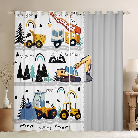 jejeloiu Modern Bulldozer Crane Black Out Curtains,Construction Vehicles Excavator Curtains Pack of 2 (42x63 Each),Gray White Yellow Bedroom Curtains For Boys Teens,Microfiber Bedroom Decor