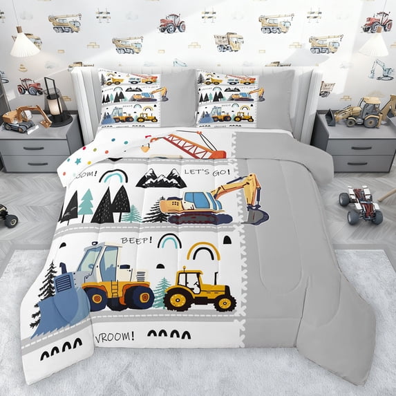 jejeloiu Modern Bulldozer Crane Full Size Comforter Sets,Construction Vehicles Excavator Bedding Comforter Set,Gray White Yellow Bedding Sets For Boys Teens,Microfiber Bedroom Decor Reversible,3pcs