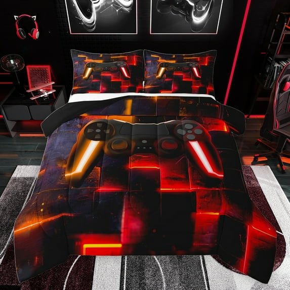 jejeloiu Modern Console Game Bedding Comforter Set,Cartoon Gamepad Twin Comforter Sets,Red Orange Black Bedding Set For Boys Teens,Super Cozy Room Decor Reversible,2pcs