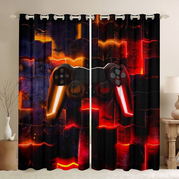 jejeloiu Modern Console Game Black Out Curtains,Cartoon Gamepad Curtains Pack of 2 (42x63 Each),Red Orange Black Bedroom Curtains For Boys Teens,Super Cozy Room Decor