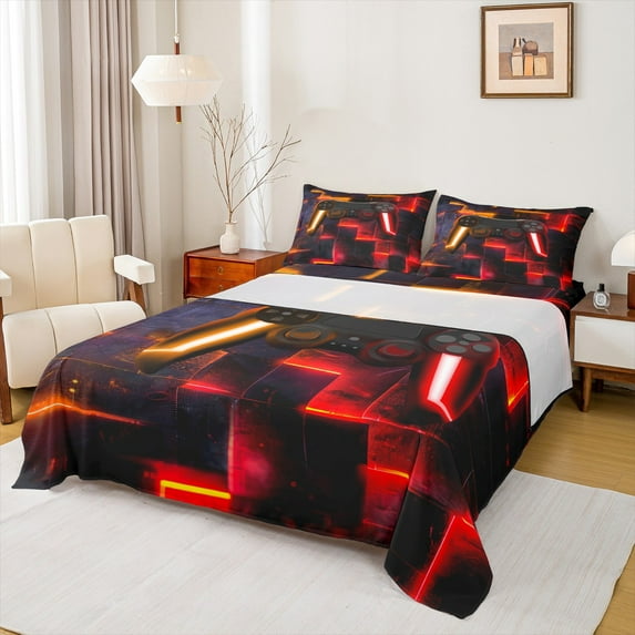 jejeloiu Modern Console Game Twin Sheet Sets,Cartoon Gamepad Twin Fitted Sheet,Red Orange Black Flat Sheet For Boys Teens,Super Cozy Room Decor,3pcs