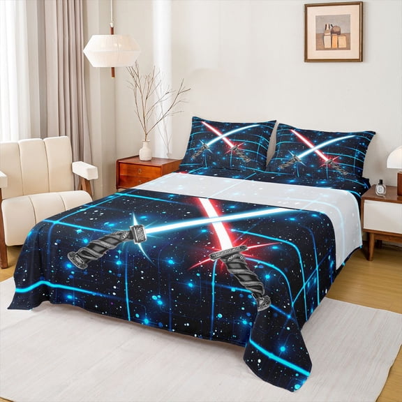 jejeloiu Modern Cool Lightsaber Bed Sheets,Cartoon Light Sword King Sheets,Blue Black Sheet Set For Boys Kids,Breathable Home Decor,4 Pieces
