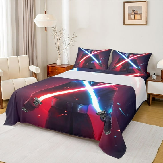 jejeloiu Modern Cool Lightsaber Twin Sheet Sets,Cartoon Light Sword Twin Fitted Sheet,Neon Red Blue Flat Sheet For Boys Kids,Breathable Home Decor,3 Pieces