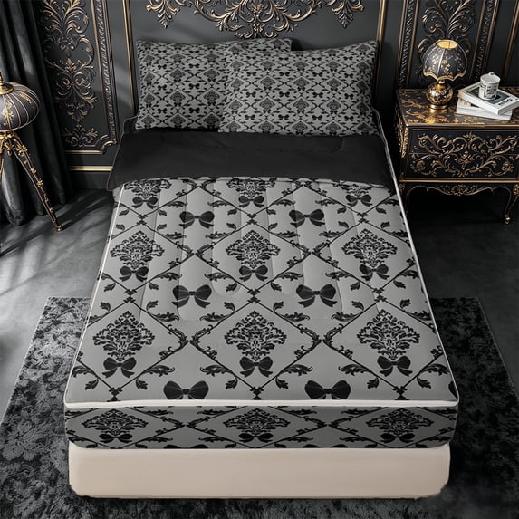 jejeloiu Modern Damask Zipper Full Size Comforter Sets with Fitted Sheet and 2 Pillowcases For Men Women,Classic Pattern Zipper Bedding Set,Black Gray,Black Reversible,4 Pieces