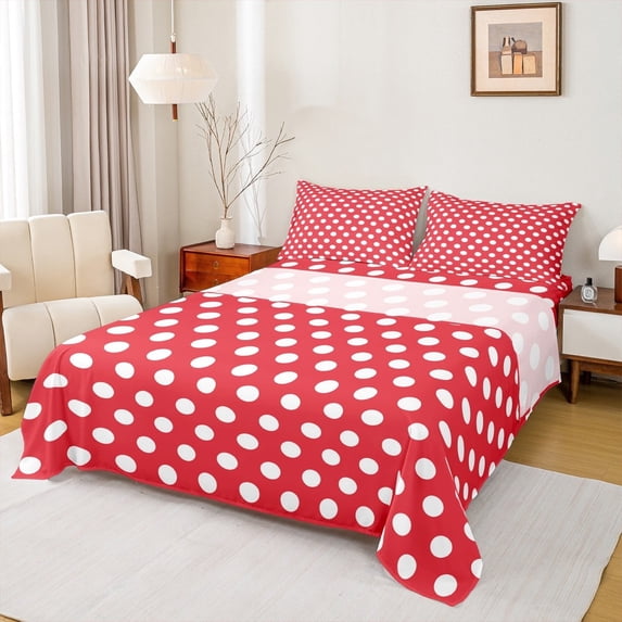 jejeloiu Modern Dot Bed Sheets,Abstract Geometric Geometric King Sheets,Red White Sheet Set,Breathable Bedroom Decor,4pcs