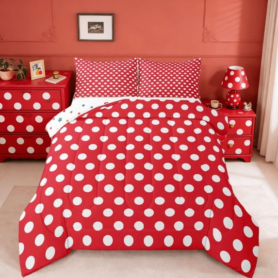 jejeloiu Modern Dot Bedding Comforter Set,Abstract Geometric Geometric Twin Comforter Sets,Red White Bedding Set,Breathable Bedroom Decor Reversible,2pcs