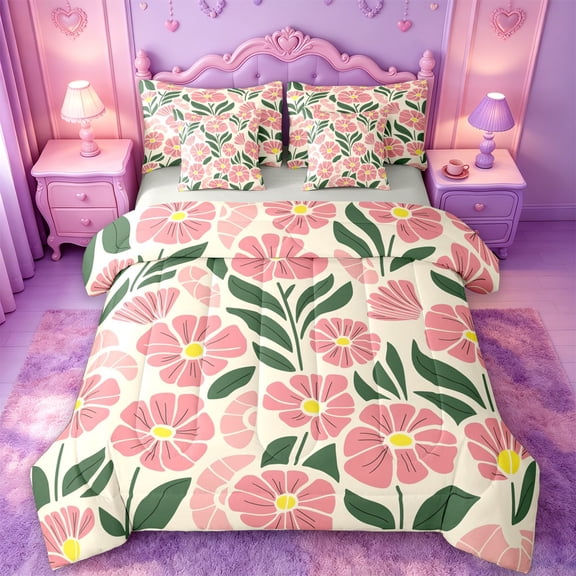 jejeloiu Modern Floral 7-Piece Twin Bedding For Girls,Bold Pattern Bedding Comforter Set,Pink Cream Green,Light Gray Reversible