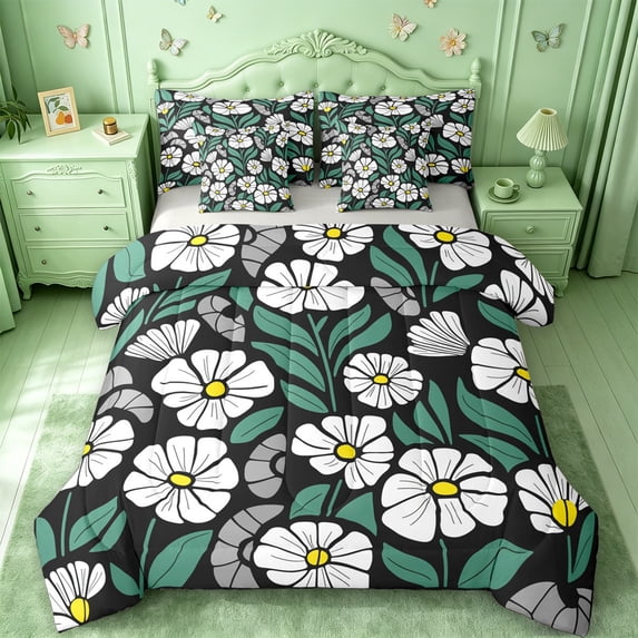 jejeloiu Modern Floral 7 Pieces Full Size Bedding Sets For Girls,Bold Pattern Full Size Bed in a Bag,Black White Green,Light Gray Reversible
