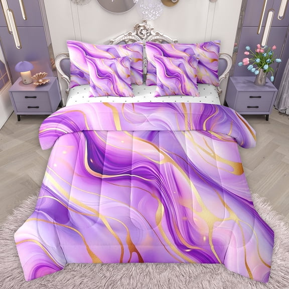 jejeloiu Modern Fluid Artwork 7 Pieces Bedding Comforter Set,Marble Pattern Full Bedding Set,Gradient Pink Purple Fitted Sheet Flat Sheet For Teens,Microfiber Bedroom Decor Reversible