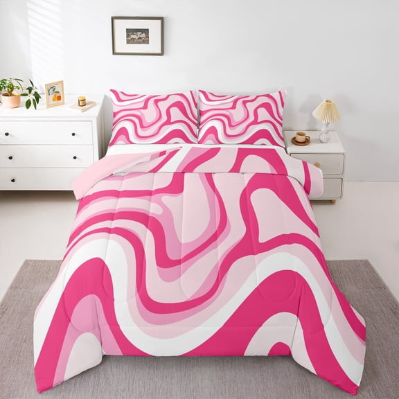 jejeloiu Modern Geometric Aesthetic Queen Comforter Set,Stripes Lines Bedding Sets,Pink White Bedding Comforter Set For Children,Microfiber Bedroom Decor Reversible,3pcs