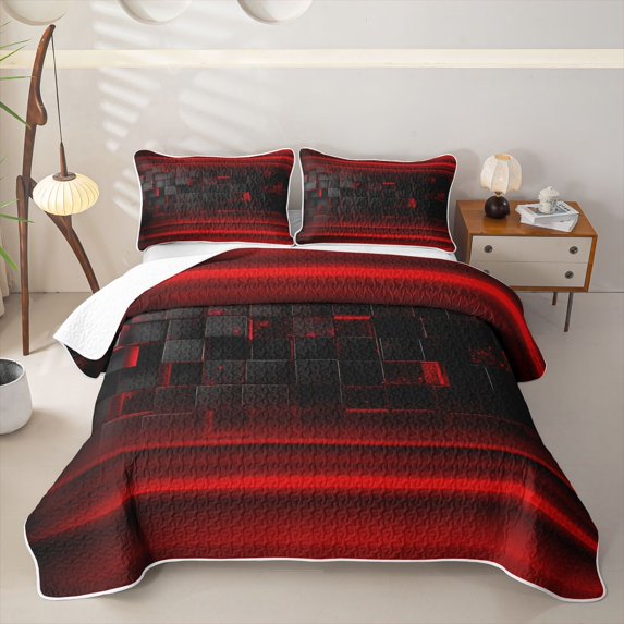 jejeloiu Modern Geometric Aesthetic Twin Quilt Set,Red Black Plaid Stripes Pattern Twin Coverlet Set For Boy,2 Pieces