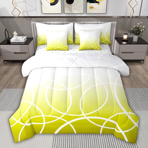 jejeloiu Modern Geometric Circle 7-Piece Twin Bedding Sets,White Yellow Ombre Bedding Comforter Set For Girls Kids Reversible