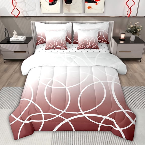 jejeloiu Modern Geometric Circular 7 Pieces Bedding Comforter Set,White Red Full Bedding Set For Girls Kids Reversible