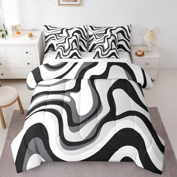 jejeloiu Modern Geometric Desgin 7-Piece Bedding Comforter Set,Minimalist Stripes Lines King Bedding Sets,Black White Bed Sheets For Teens,Luxury Bedroom Decor Reversible