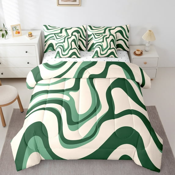 jejeloiu Modern Geometric Desgin 7-Piece Bedding Comforter Set,Minimalist Stripes Lines King Bedding Sets,Green Beige Bed Sheets For Teens,Luxury Bedroom Decor Reversible