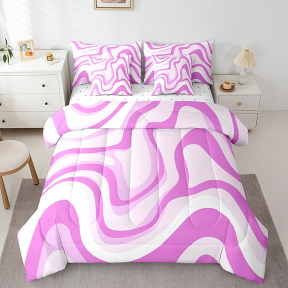 jejeloiu Modern Geometric Desgin 7-Piece Twin Bedding Sets,Minimalist Stripes Lines Bedding Comforter Set,Pink White Sheet Sets For Teens,Luxury Bedroom Decor Reversible