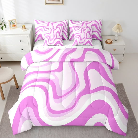 jejeloiu Modern Geometric Desgin 7-Piece Twin Bedding Sets,Minimalist Stripes Lines Bedding Comforter Set,Pink White Sheet Sets For Teens,Luxury Bedroom Decor Reversible